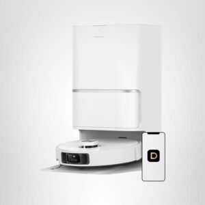 White Dreame robot vacuum cleaner with auto-empty station and smart app integration.