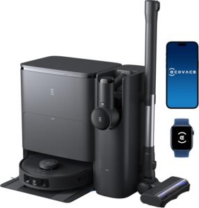 Black Ecovacs Deebot robot vacuum and handheld vacuum combo with all-in-one OMNI station and app control.