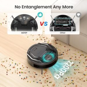Lefant M210P robot vacuum comparison showing 2200Pa suction and tangle-free brushless port vs traditional brush.