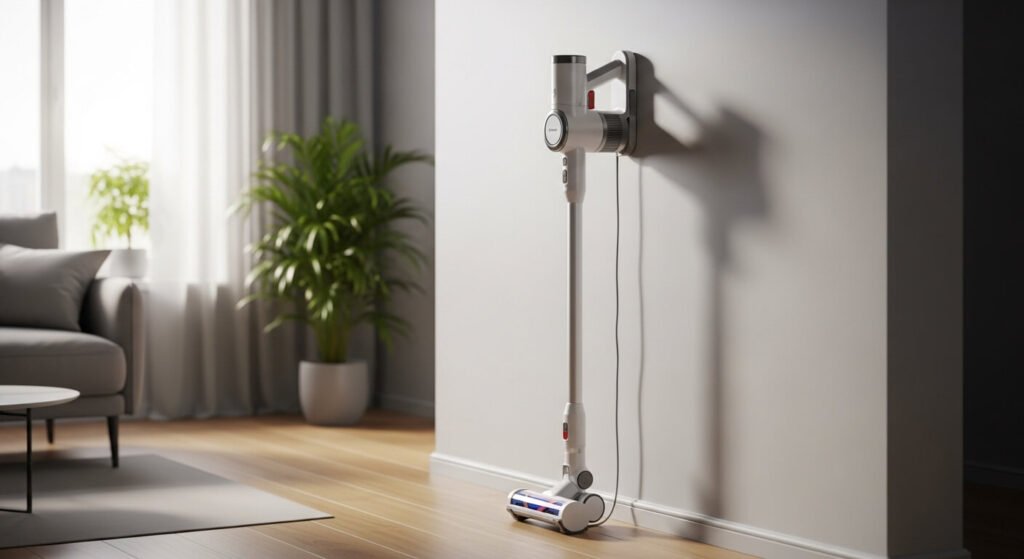 A sleek, modern cordless stick vacuum mounted on a wall in a stylish, compact apartment living room