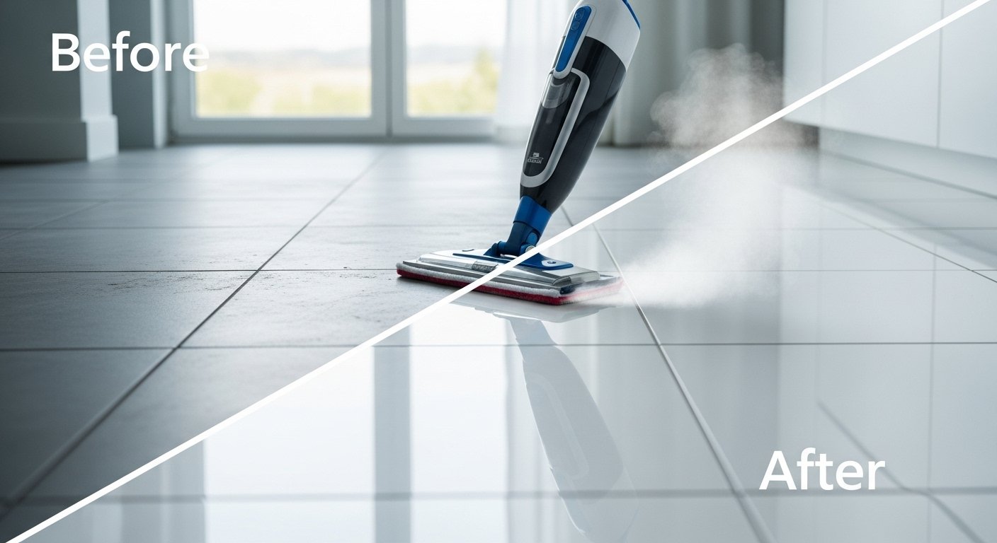 A modern steam mop cleaning a ceramic tile floor, showing a before-and-after comparison of a dirty grout line becoming sparkling clean.