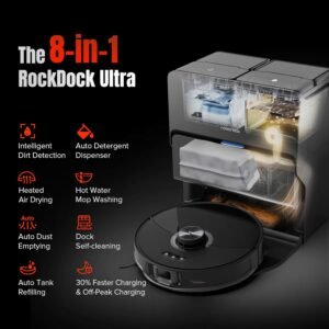 Roborock 8-in-1 RockDock Ultra features: Self-emptying, mop washing, and auto-refilling.