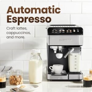 Chefman CaféMaster Pro automatic espresso machine with built-in milk frother, brewing a fresh cup of coffee alongside lattes and cappuccinos on a white subway tile kitchen background.
