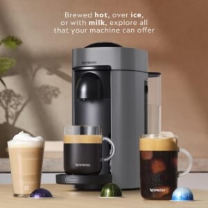 Grey Nespresso VertuoPlus machine by De'Longhi featuring three coffee styles: a hot latte with foam, a classic black espresso, and a refreshing iced coffee, with colorful espresso capsules on a wooden table.