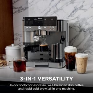 Ninja Barista System ES601 in a modern kitchen, a 3-in-1 versatile coffee machine brewing espresso, drip coffee, and rapid cold brew with a built-in milk frother