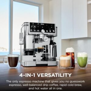 Ninja Barista System ES701 premier espresso machine with 4-in-1 versatility, brewing espresso, drip coffee, cold brew, and hot water, displayed on a wooden counter with various coffee drinks.