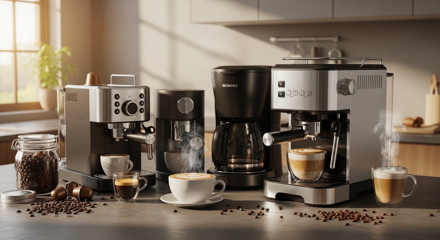 A beautifully arranged flat lay of various coffee and espresso machines (Nespresso VertuoPlus, Ninja Barista System, xBloom, Chefman CaféMaster Pro) on a modern kitchen counter, surrounded by coffee beans, steaming cups, and latte art, conveying a premium home barista experience.