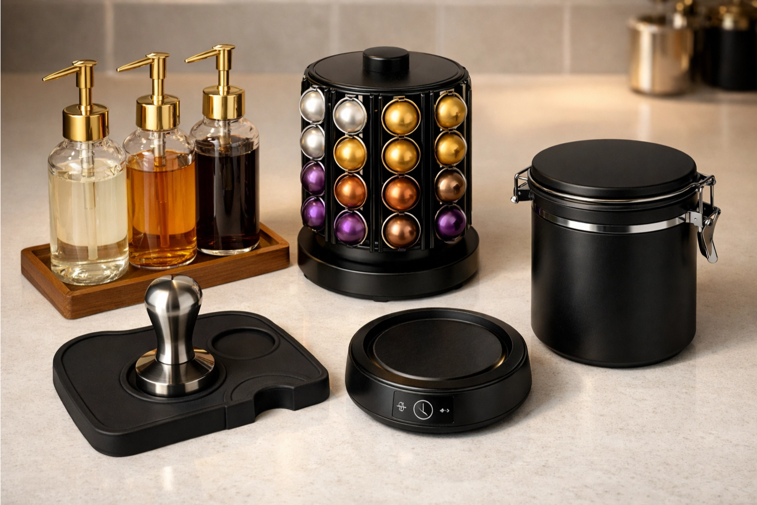 A high-end, professional flat lay of essential coffee station accessories including syrup dispensers, a pod holder, a tamping mat, a mug warmer, and an airtight coffee bean canister on a clean kitchen countertop.