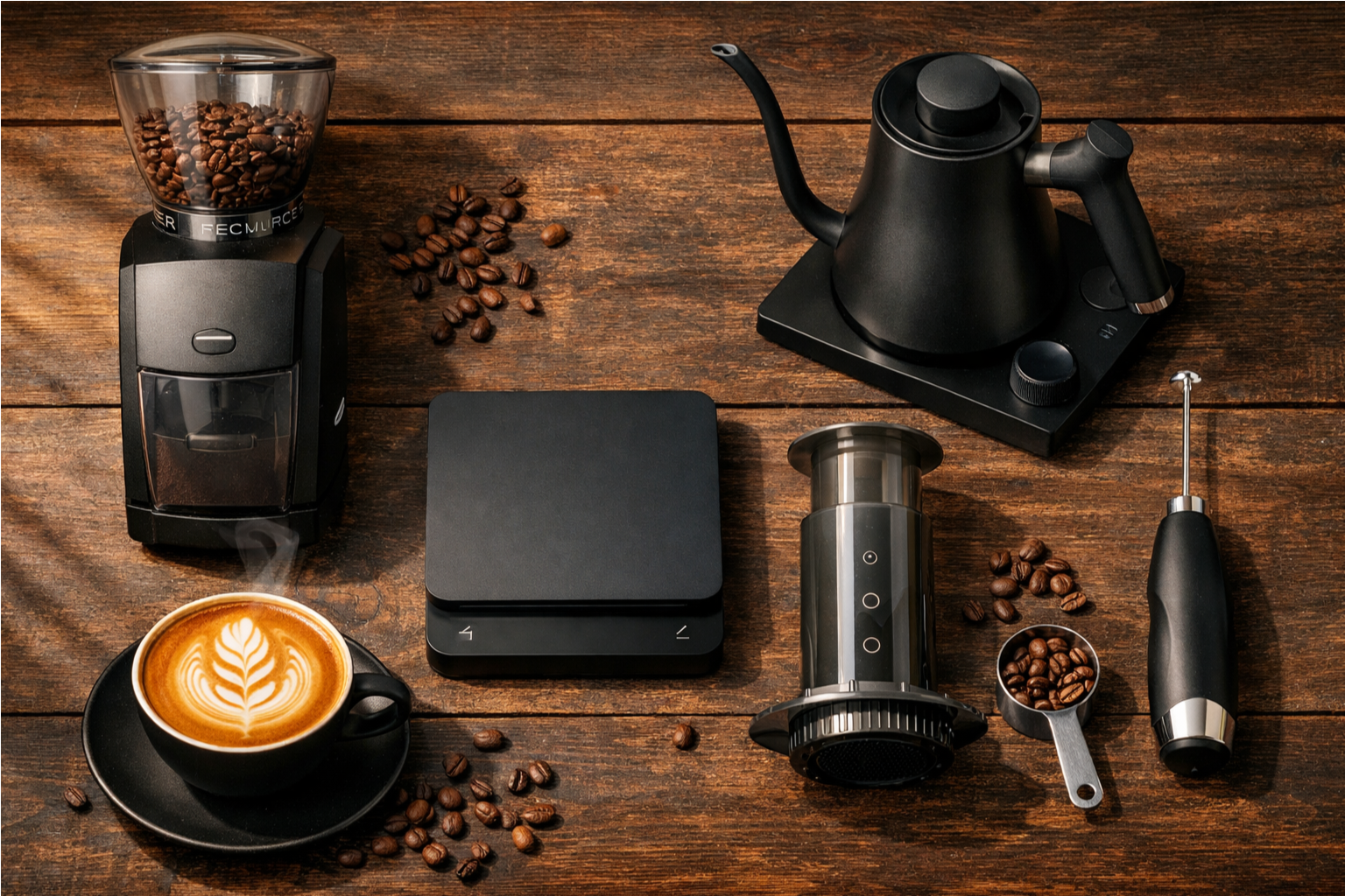 A beautifully composed flat lay of essential home barista tools: a coffee grinder, a gooseneck kettle, a digital coffee scale, an AeroPress, and a milk frother, arranged on a rustic wooden surface with fresh coffee beans and a steaming cup, conveying expertise and a passion for coffee.